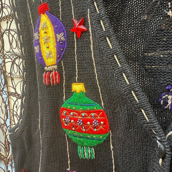 Vintage 90s Bobbie Brooks Christmas Ornaments Stars Sweater Vest Black LARGE - Picture 4 of 7